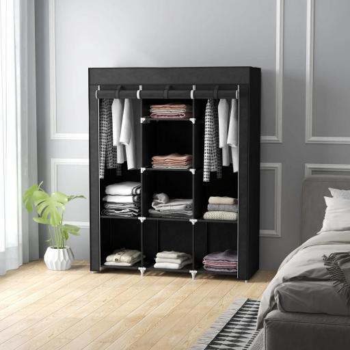 Armario de Tela Plegable Ropero Portátil con 8 Estantes y 2 Barras de Colgar para Dormitorio 125x43x162,5 cm Negro [4]