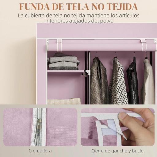 Armario de Tela con Ruedas Ropero Portátil con 6 Estantes y 1 Barra de Colgar para Dormitorio 103x43x162,5cm Rosa [3]
