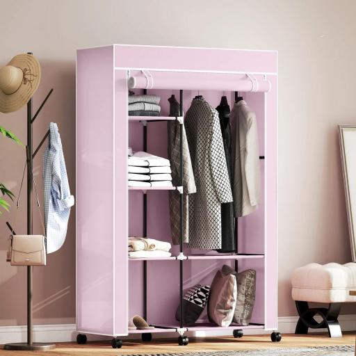 Armario de Tela con Ruedas Ropero Portátil con 6 Estantes y 1 Barra de Colgar para Dormitorio 103x43x162,5cm Rosa [1]