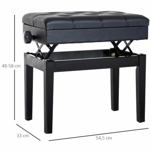 Banqueta para Piano Banco para Piano con Ajustable en Altura de 48 a 58 cm Espacio de Almacenamiento Patas de Madera Taburete para Teclado Acolchado 54,5x33x48-58 cm Negro [1]