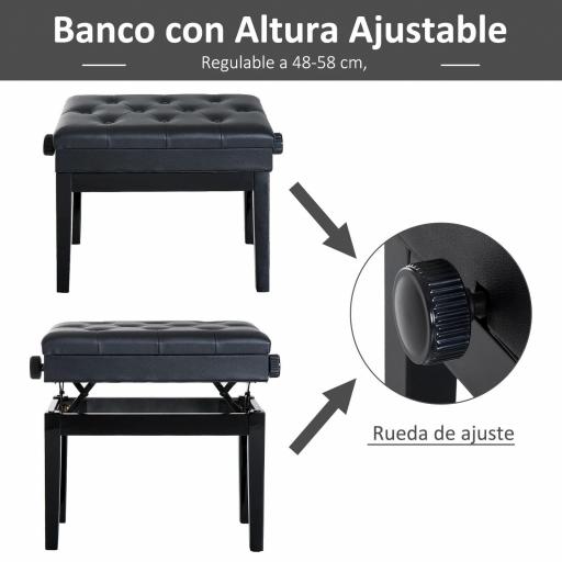 Banqueta para Piano Banco para Piano con Ajustable en Altura de 48 a 58 cm Espacio de Almacenamiento Patas de Madera Taburete para Teclado Acolchado 54,5x33x48-58 cm Negro [2]