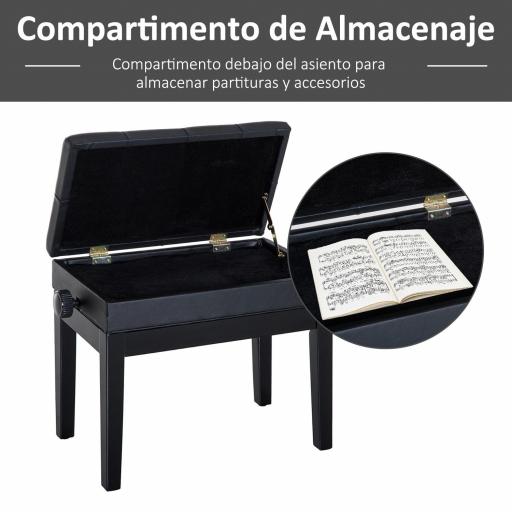 Banqueta para Piano Banco para Piano con Ajustable en Altura de 48 a 58 cm Espacio de Almacenamiento Patas de Madera Taburete para Teclado Acolchado 54,5x33x48-58 cm Negro [3]