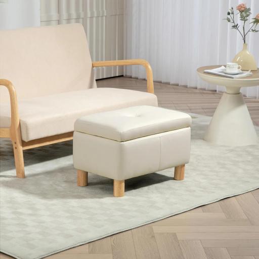 Baúl de Almacenaje para Dormitorio 33L Tapizado en PU Banco de Almacenaje con Patas de Madera 60x38x40 cm Crema