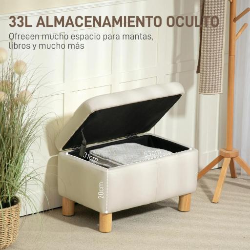 Baúl de Almacenaje para Dormitorio 33L Tapizado en PU Banco de Almacenaje con Patas de Madera 60x38x40 cm Crema [6]