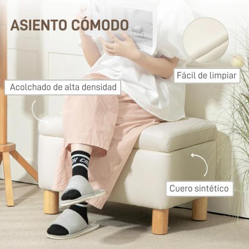 Baúl de Almacenaje para Dormitorio 33L Tapizado en PU Banco de Almacenaje con Patas de Madera 60x38x40 cm Crema [2]