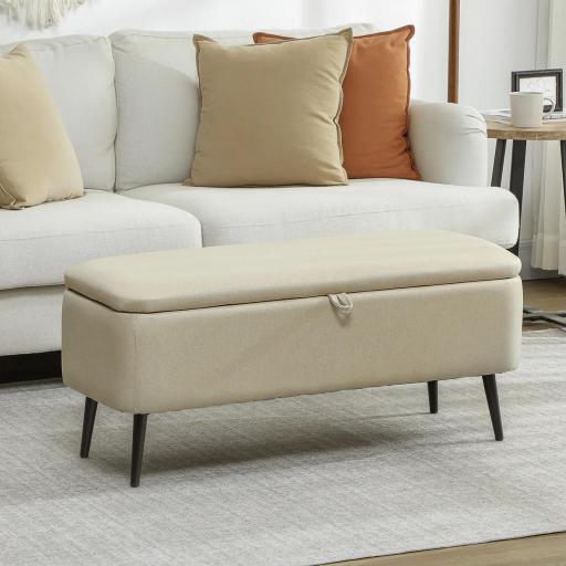 Banco de Almacenaje con Tapa Abatible y Patas de Acero para Dormitorio Salón Entrada 101x38,5x44,5 cm Beige