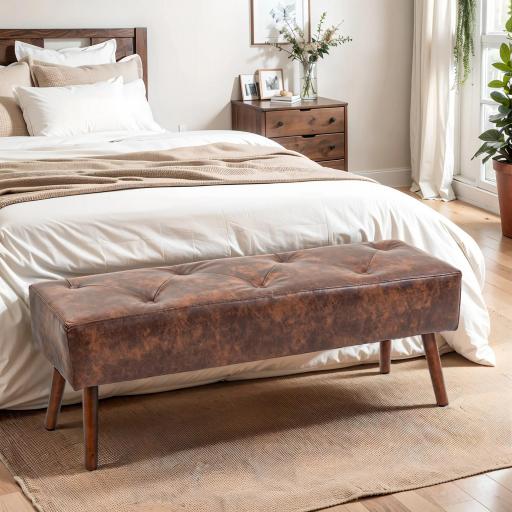 Banco de Pie de Cama Banqueta de dormitorio con Patas de Madera y Asiento Acolchado 114x38x42 cm Marrón