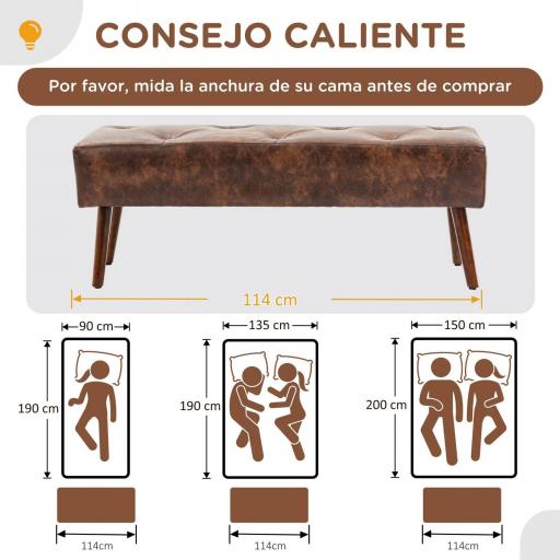 Banco de Pie de Cama Banqueta de dormitorio con Patas de Madera y Asiento Acolchado 114x38x42 cm Marrón [2]