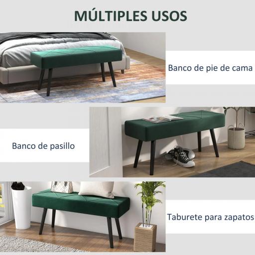 Taburete Pie de Cama Multifuncional con Pies de Acero y Asiento Acolchado para Entrada Pasillo 100x36x45 cm Verde [3]