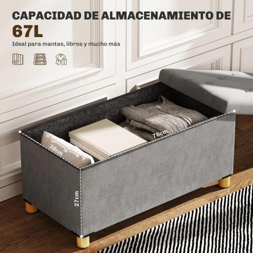 Banco Almacenaje Capacidad de 67 L 76x38x38 cm Tapizado en Terciopelo Carga 120 kg para Sala de Estar Dormitorio Gris [2]