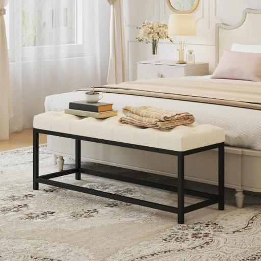 Banco Pie de Cama Tapizado en Terciopelo Diseño Capitoné Base de Metal para Dormitorio Entrada Salón Crema