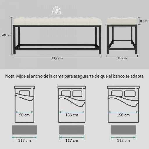 Banco Pie de Cama Tapizado en Terciopelo Diseño Capitoné Base de Metal para Dormitorio Entrada Salón Crema [1]