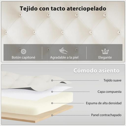 Banco Pie de Cama Tapizado en Terciopelo Diseño Capitoné Base de Metal para Dormitorio Entrada Salón Crema [3]