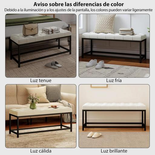 Banco Pie de Cama Tapizado en Terciopelo Diseño Capitoné Base de Metal para Dormitorio Entrada Salón Crema [5]