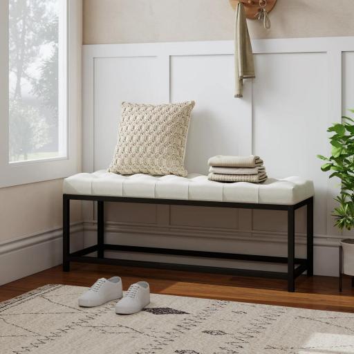 Banco Pie de Cama Tapizado en Terciopelo Diseño Capitoné Base de Metal para Dormitorio Entrada Salón Crema [4]