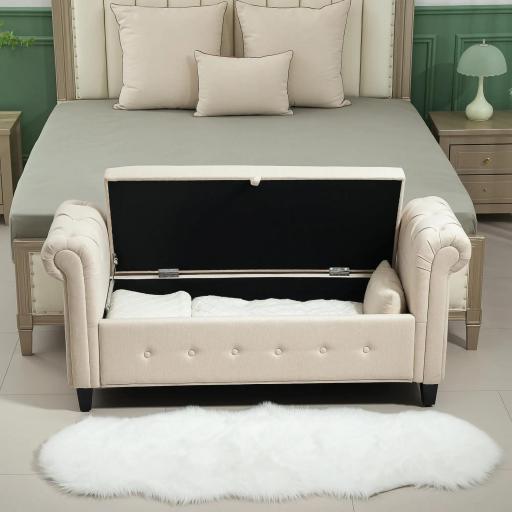 Banqueta de Almacenaje con Reposabrazos Enrollados para Dormitorio Salón Pasillo 146,5x49x74,5 cm Beige [3]