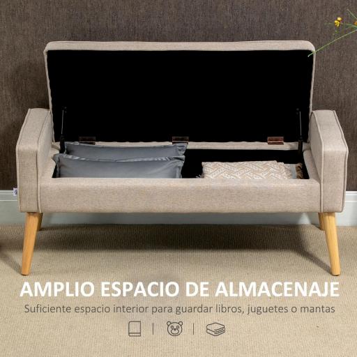 Baúl de Almacenaje Tapizado en Lino con Tapa Abatible y Patas de Madera para Dormitorio Salón 20x45x54 cm Beige [2]