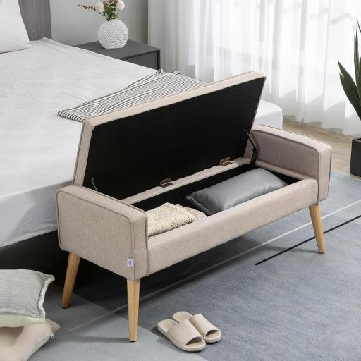 Baúl de Almacenaje Tapizado en Lino con Tapa Abatible y Patas de Madera para Dormitorio Salón 20x45x54 cm Beige [3]