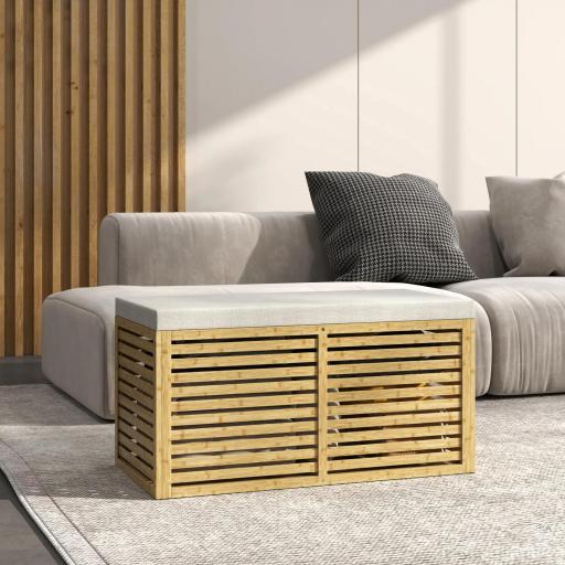 Baúl de Almacenaje 122L Tapizado en Lino Sintético con Cojín Marco de Bambú 90x42x43 cm Gris y Natural