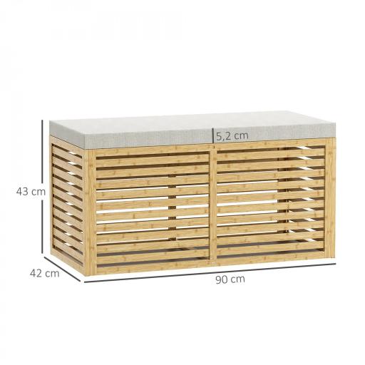 Baúl de Almacenaje 122L Tapizado en Lino Sintético con Cojín Marco de Bambú 90x42x43 cm Gris y Natural [1]