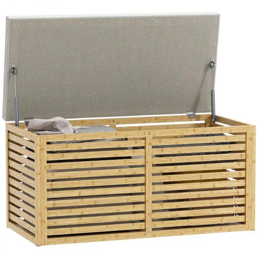 Baúl de Almacenaje 122L Tapizado en Lino Sintético con Cojín Marco de Bambú 90x42x43 cm Gris y Natural [5]