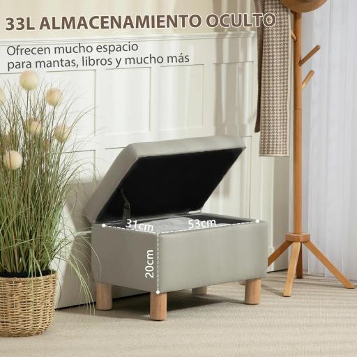 Baúl de Almacenaje para Dormitorio 33L Tapizado en PU Banco de Almacenaje con Patas de Madera 60x38x40 cm Gris Claro [3]