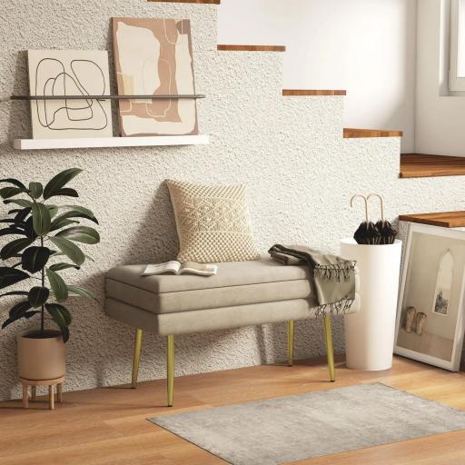 Banco de Almacenaje para Dormitorio 30L Tapizado en Terciopelo Pie de Cama con Patas de Acero 79,5x37,5x43 cm Beige