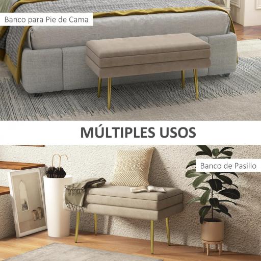Banco de Almacenaje para Dormitorio 30L Tapizado en Terciopelo Pie de Cama con Patas de Acero 79,5x37,5x43 cm Beige [5]