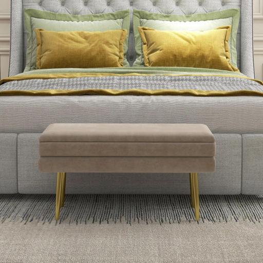 Banco de Almacenaje para Dormitorio 30L Tapizado en Terciopelo Pie de Cama con Patas de Acero 79,5x37,5x43 cm Beige [4]