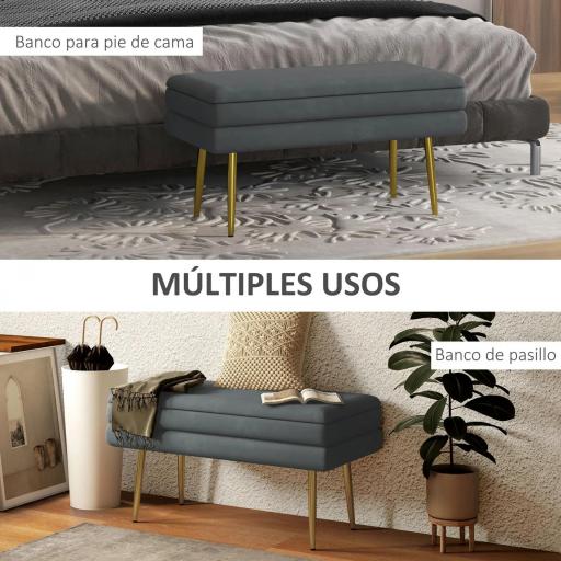 Baúl de Almacenaje para Dormitorio 30L Tapizado en Terciopelo con Patas de Acero 79,5x37,5x43 cm Gris Oscuro [5]