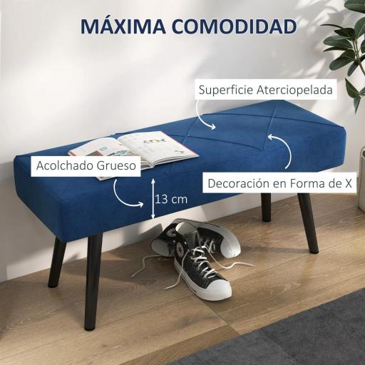 Taburete Pie de Cama Multifuncional con Pies de Acero y Asiento Acolchado para Entrada Pasillo 100x36x45 cm Azul Oscuro [3]