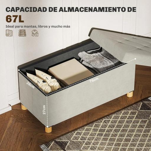 Banco Almacenaje Capacidad de 67 L 76x38x38 cm Tapizado en Terciopelo Carga 120 kg para Sala de Estar Dormitorio Crema [7]