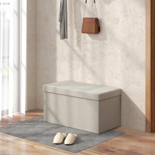 Puff Almacenaje, Banco Almacenaje Plegable 84 L 76x38x38 cm Tapizado en Lino Sintético Baúl de Almacenamiento Crema [5]