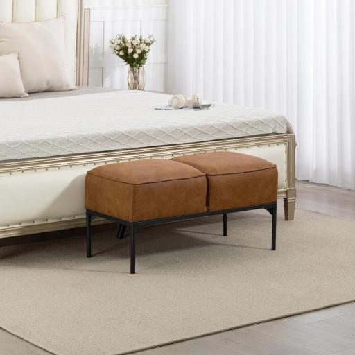 Taburete Pie de Cama Moderno de Cuero Sintético con Asiento Acolchado Grueso y Patas de Acero 80x40x46 cm Marrón