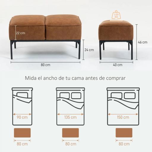 Taburete Pie de Cama Moderno de Cuero Sintético con Asiento Acolchado Grueso y Patas de Acero 80x40x46 cm Marrón [1]