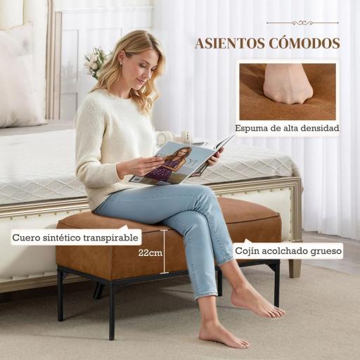 Taburete Pie de Cama Moderno de Cuero Sintético con Asiento Acolchado Grueso y Patas de Acero 80x40x46 cm Marrón [2]
