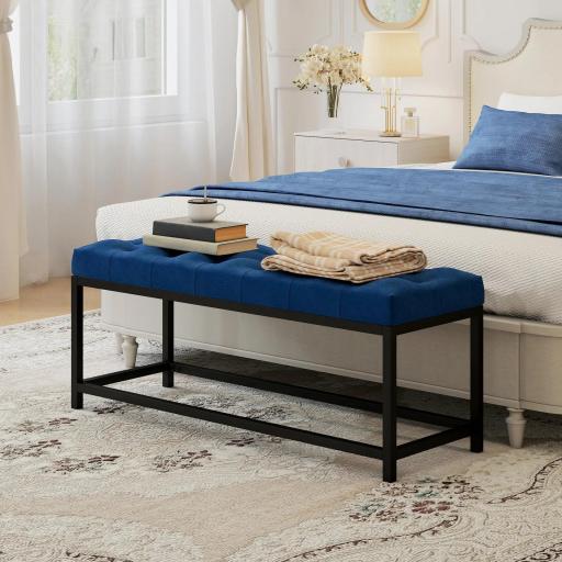 Banco Pie de Cama Tapizado en Terciopelo Diseño Capitoné Base de Metal para Dormitorio Entrada Salón Azul Oscuro
