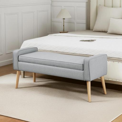 Banco de Almacenaje con Tapa Abatible y Patas de Madera para Dormitorio Salón Entrada 120x45x54 cm Gris Claro