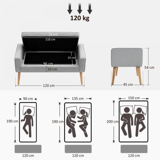 Banco de Almacenaje con Tapa Abatible y Patas de Madera para Dormitorio Salón Entrada 120x45x54 cm Gris Claro [1]
