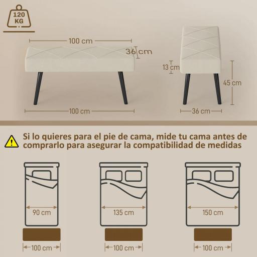 Taburete Pie de Cama Multifuncional con Pies de Acero y Asiento Acolchado para Entrada Pasillo 100x36x45 cm Blanco Crema [3]