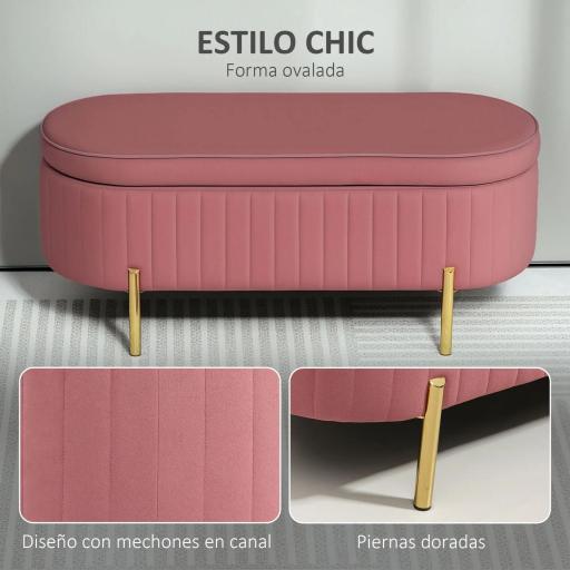 Banco para Pie de Cama con Almacenaje Tapizado en Terciopelo Patas Doradas y Diseño Elegante Ovalado 108x44x43,5cm Rosa [3]