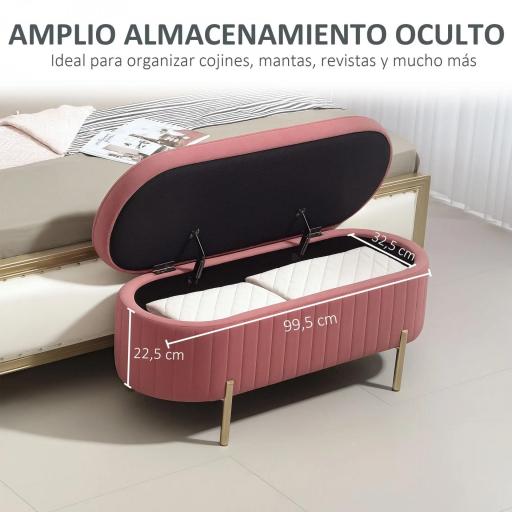 Banco para Pie de Cama con Almacenaje Tapizado en Terciopelo Patas Doradas y Diseño Elegante Ovalado 108x44x43,5cm Rosa [2]