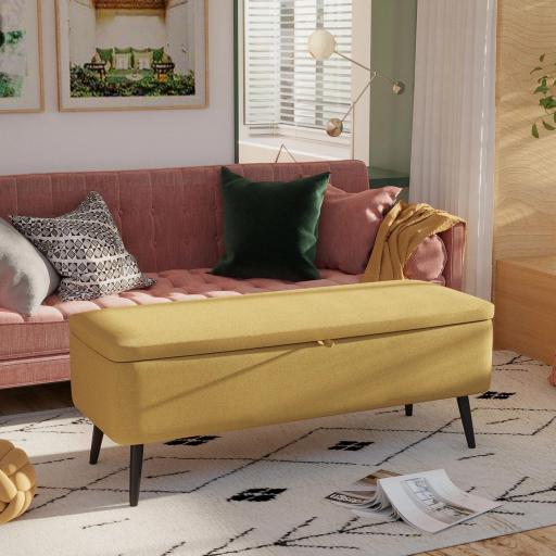 Banco de Almacenamiento con Tapa Abatible y Patas de Acero para Dormitorio Salón Entrada 101x38,5x44,5cm Amarillo