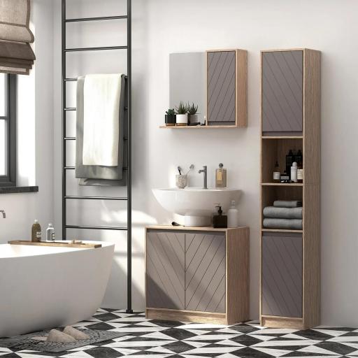 Armario Alto para Baño Columna de Baño con 2 Puertas y 2 Estantes Abiertos Mueble Auxiliar de Almacenaje para Salón Recibidor 30x24x170 cm Roble y Gris