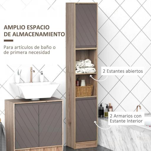 Armario Alto para Baño Columna de Baño con 2 Puertas y 2 Estantes Abiertos Mueble Auxiliar de Almacenaje para Salón Recibidor 30x24x170 cm Roble y Gris [3]