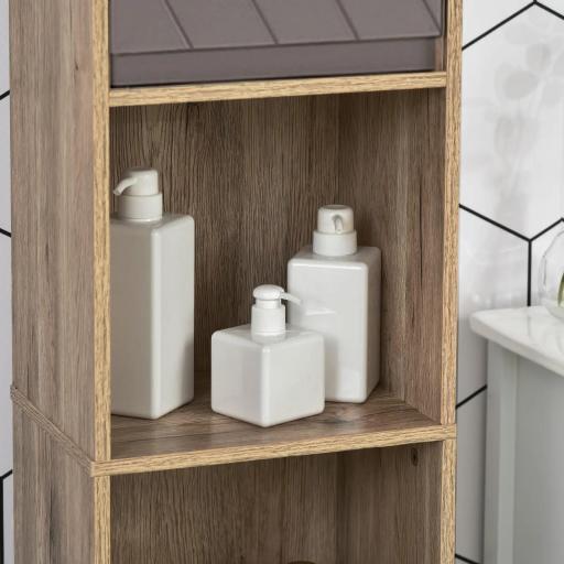 Armario Alto para Baño Columna de Baño con 2 Puertas y 2 Estantes Abiertos Mueble Auxiliar de Almacenaje para Salón Recibidor 30x24x170 cm Roble y Gris [6]