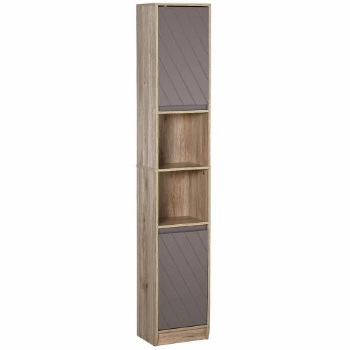 Armario Alto para Baño Columna de Baño con 2 Puertas y 2 Estantes Abiertos Mueble Auxiliar de Almacenaje para Salón Recibidor 30x24x170 cm Roble y Gris [8]