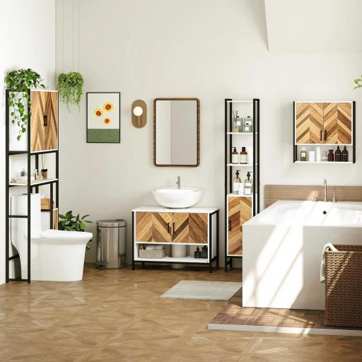 Armario Alto de Baño con 3 Estantes Abiertos 1 Puerta y Estante Ajustable Anti-vuelco 30x30x170 cm Blanco y Nogal