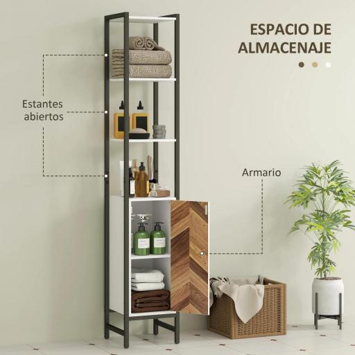 Armario Alto de Baño con 3 Estantes Abiertos 1 Puerta y Estante Ajustable Anti-vuelco 30x30x170 cm Blanco y Nogal [3]