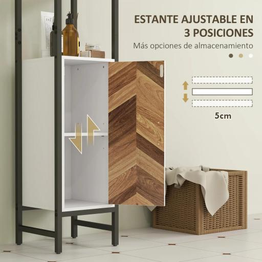 Armario Alto de Baño con 3 Estantes Abiertos 1 Puerta y Estante Ajustable Anti-vuelco 30x30x170 cm Blanco y Nogal [4]